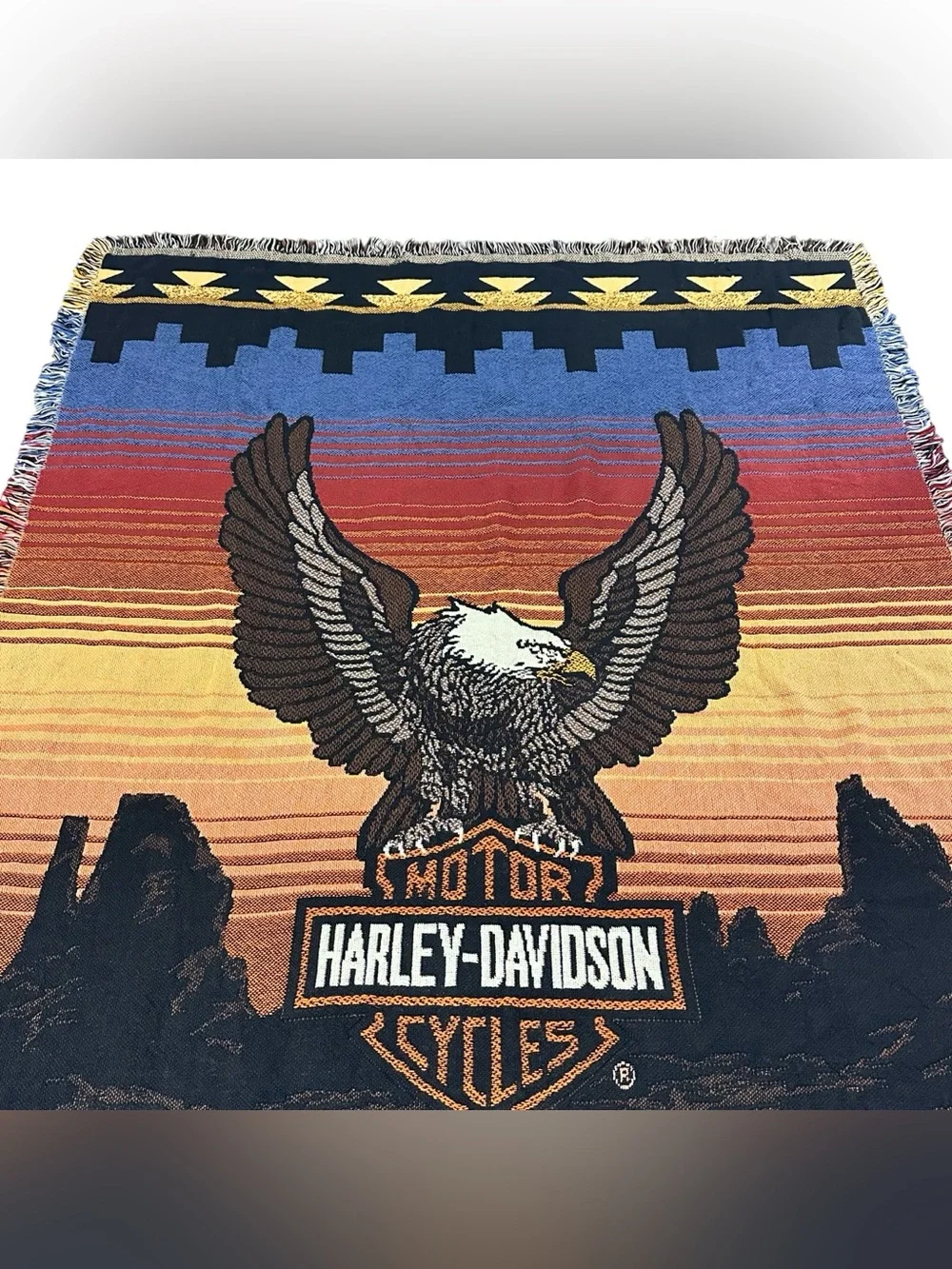 Harley-Davidson Eagle Woven Throw Blanket Southwestern Fringe Tapestry 71x51 USA